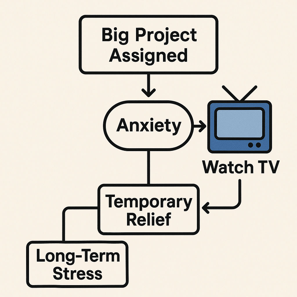 A flowchart illustrating the procrastination cycle: a task trigger leads to negative feelings, which leads to distraction for temporary relief.