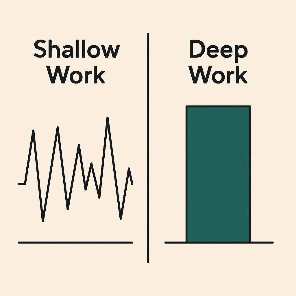 A simple side-by-side graphic. Left side labeled "Shallow Work" shows a jagged, chaotic line representing fragmented attention over a day. Right side labeled "Deep Work" shows a solid, focused block of time, resulting in a higher peak of output.